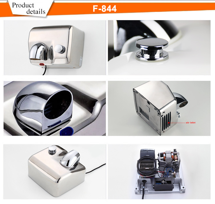 F-844 automatic hand dryer, brushed stainless steel, 2300W, 110V-220V, sensor-activated wall unit