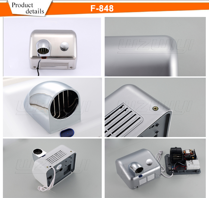 F-848 brushed stainless steel hand dryer for high-traffic facilities, 2300W, wall-mounted installation